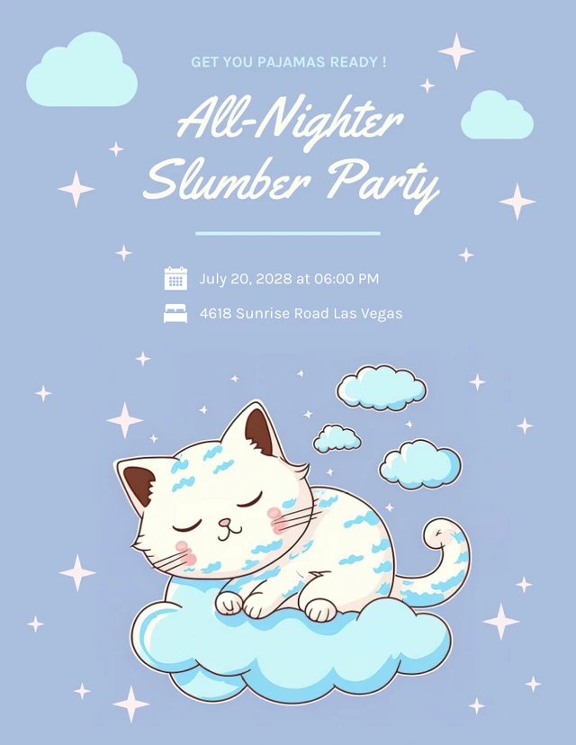 Blue And White Cute Illustration Cat Dreaming Sleepover Slumber Party Invitation Template