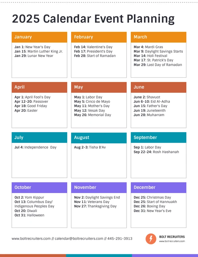 Single Page 2025 Calendar Event Work Schedule Template