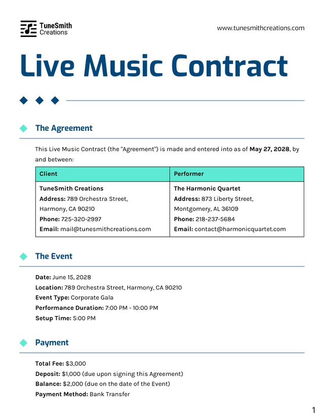 Live Music Contract Template - Page 1