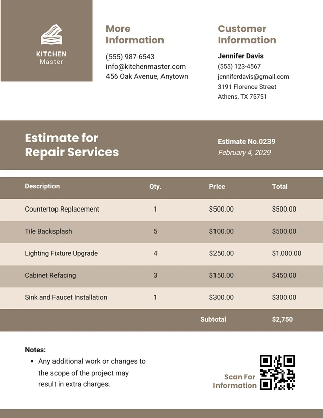 Brown White Repair Estimate Template