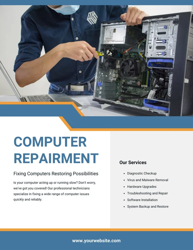 Simple Blue And White Computer Repairment Flyer Template
