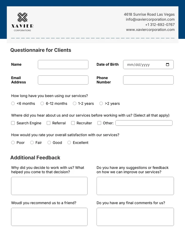 Blue Professional Questionnaire Form Template