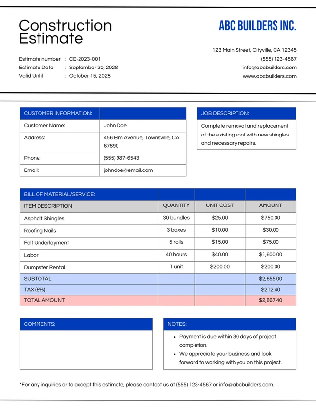 Modern Clean Blue Construction Estimate Template