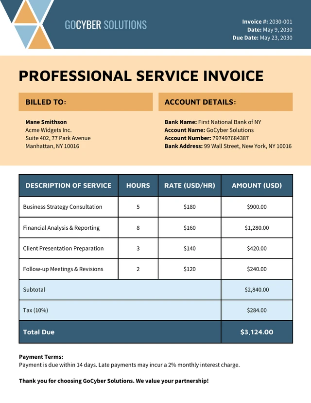 Professional Services Invoice Table Chart Template
