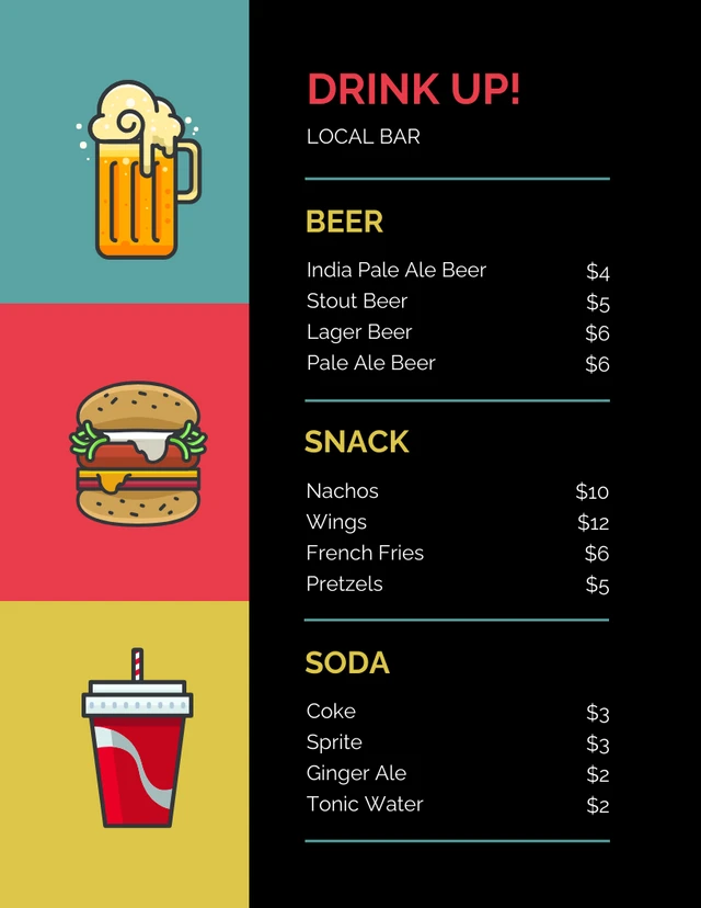 Neon with Icons for Local Bar Menu Poster Template
