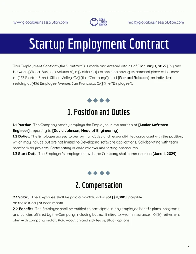 Startup Employment Contract Template - Page 1