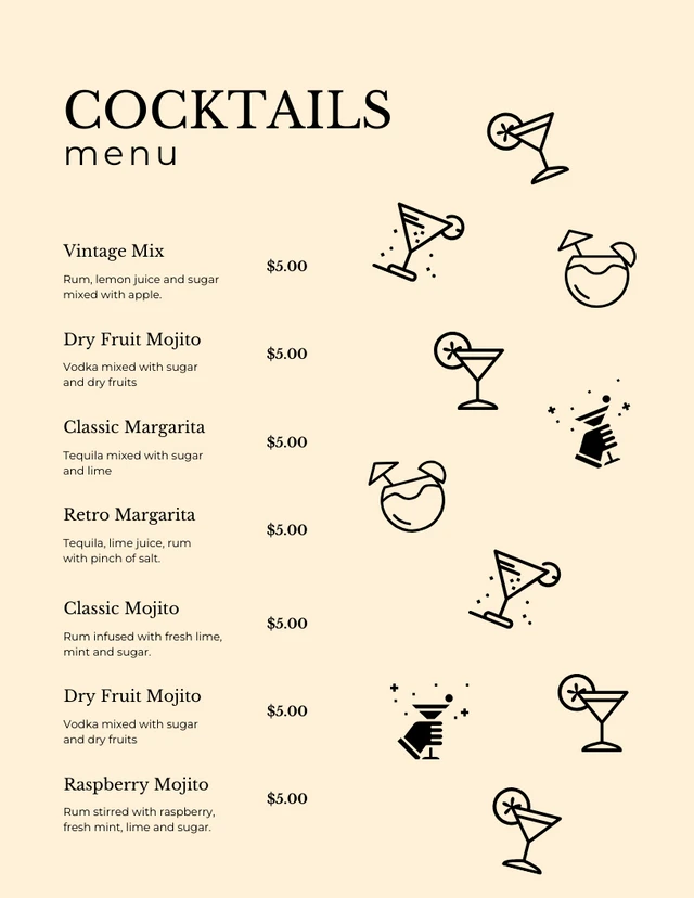 Light Grey Modern Pattern Cocktails Bar Menu Template