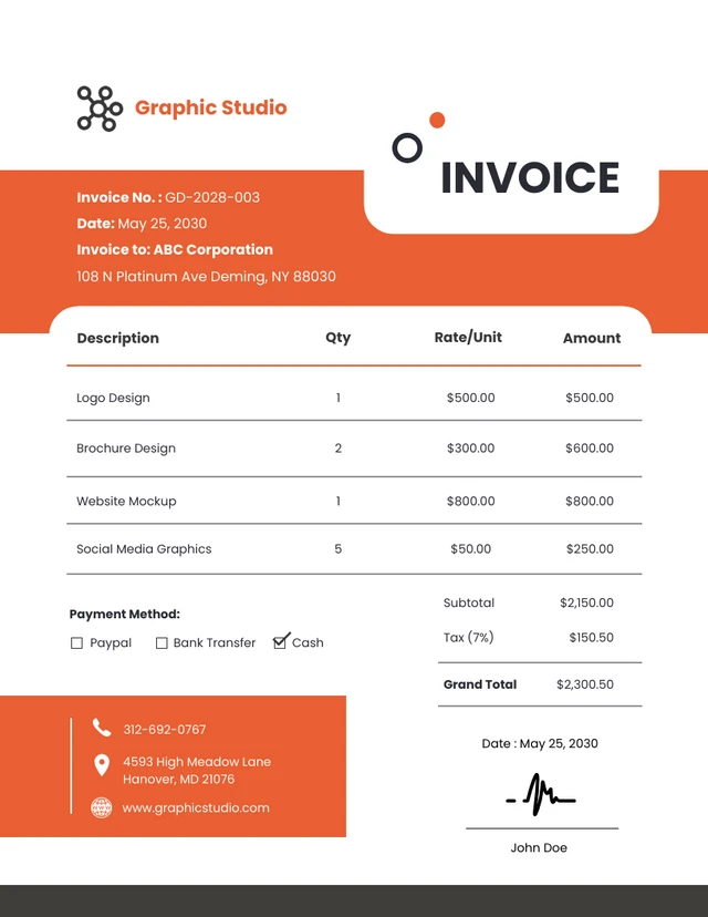 Orange Minimalist Graphic Design Invoice Template