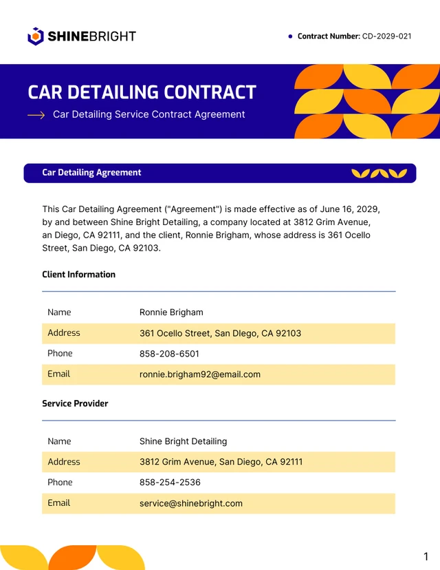 Car Detailing Contract Template - Page 1