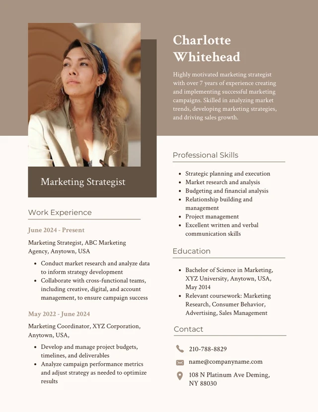 Neutral Brown Minimalist Marketing Strategist Resume Template
