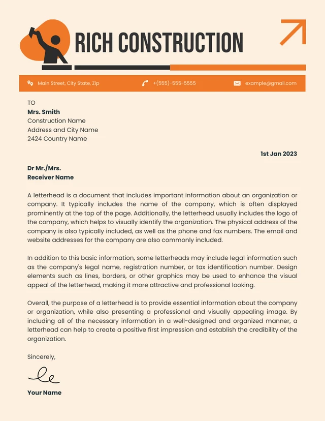 Cream Modern Professional Construction Letterhead Template
