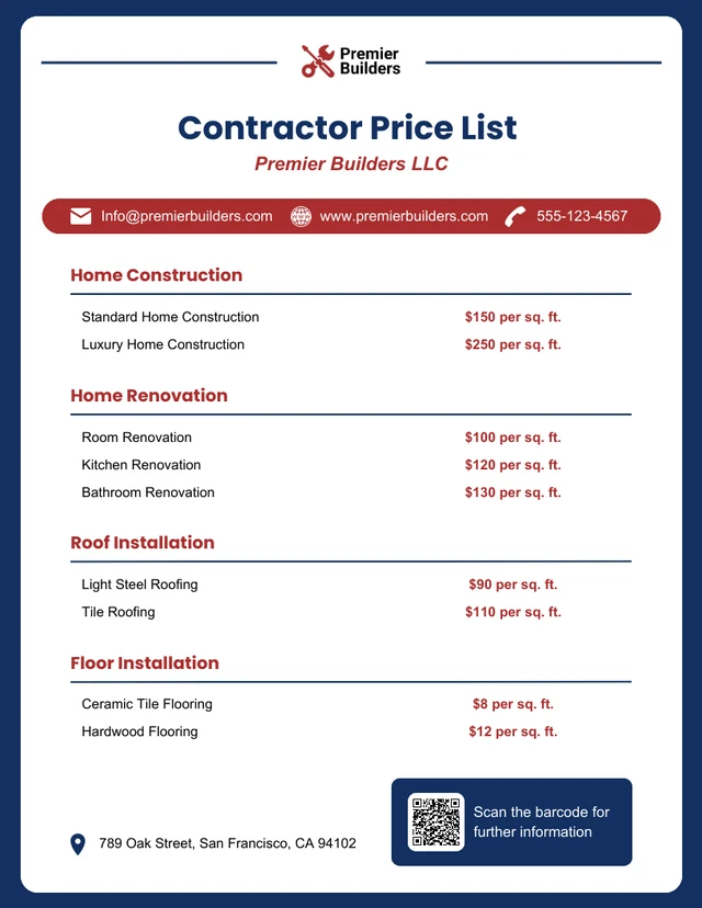 Contractor Price List Template