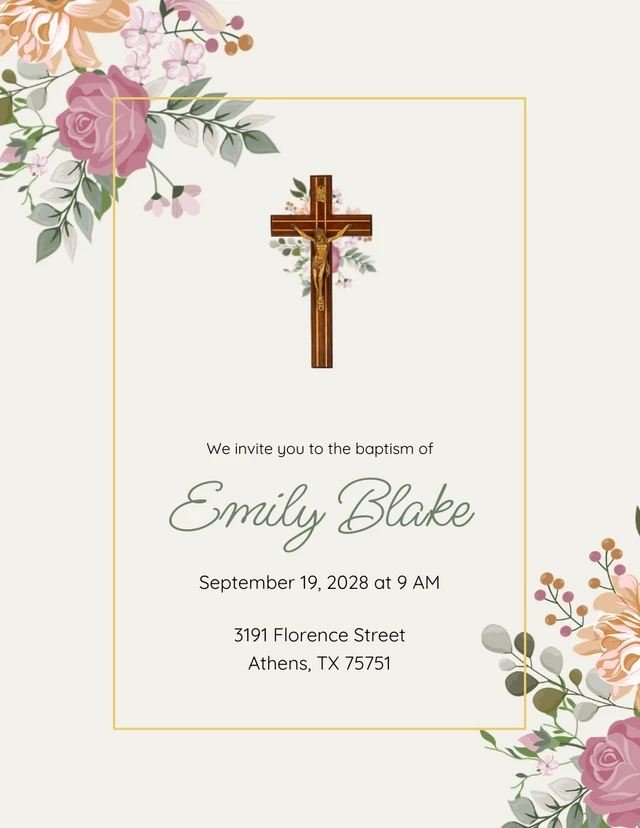 Elegant Floral Gold and Green Baptism Invitation Template