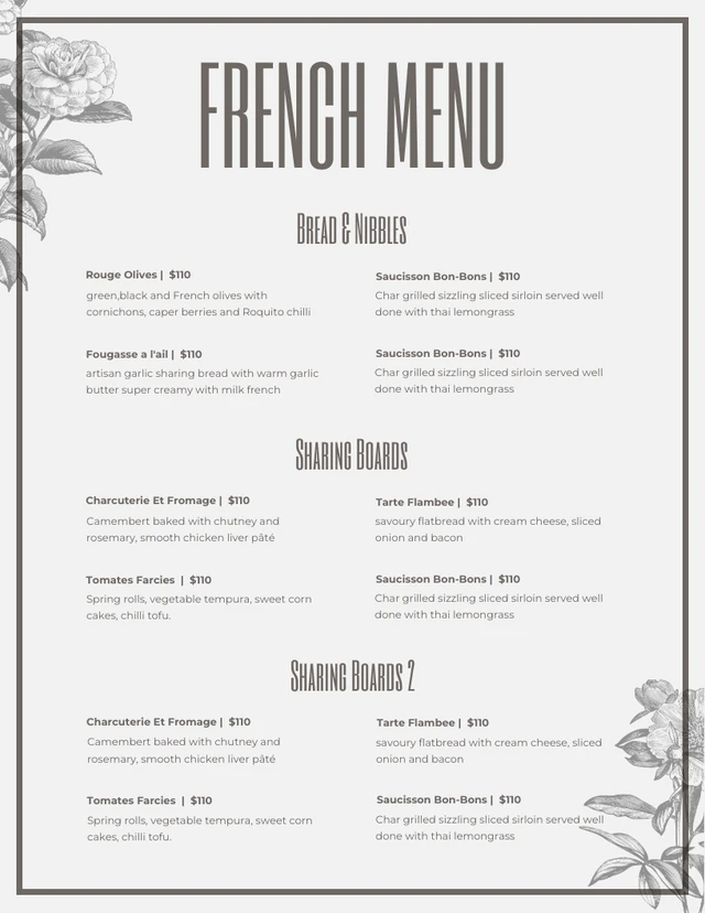 Light Grey Classic Retro French Menu Template