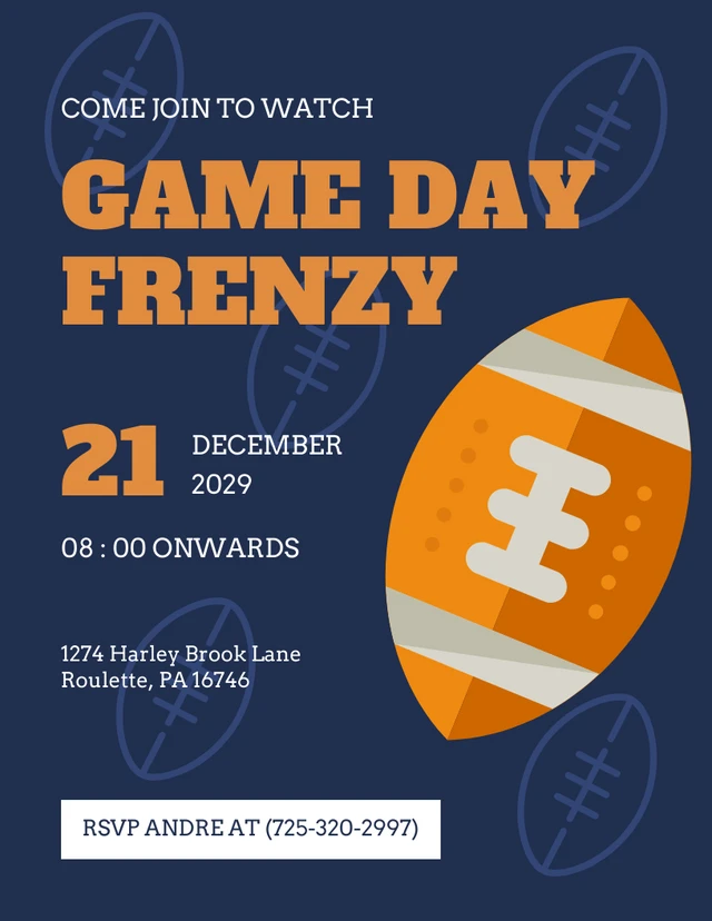 Dark Blue And Orange Football Game Invitation Template