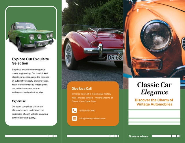 Retro Green and Orange Classic Cars Brochure - Page 1