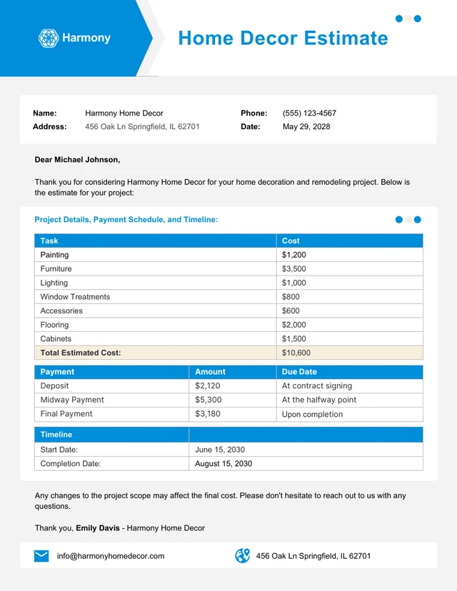 Home Decor Estimate Template