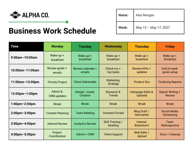 Business Work Weekly Schedule Planner Template