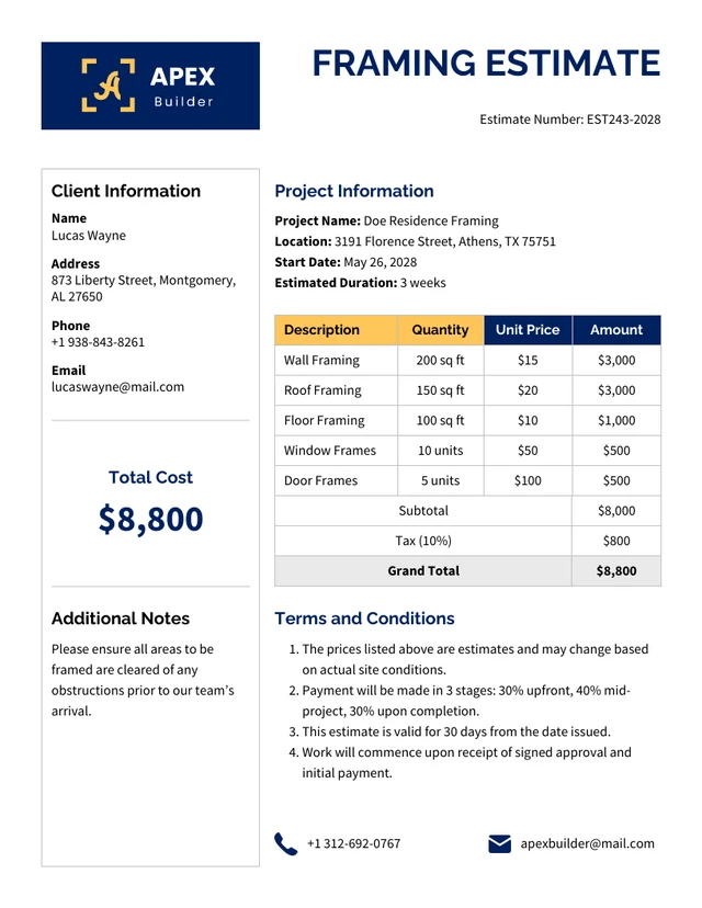 Framing Estimate Template