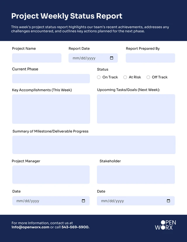 Dark Blue Blank Project Weekly Status Report Template