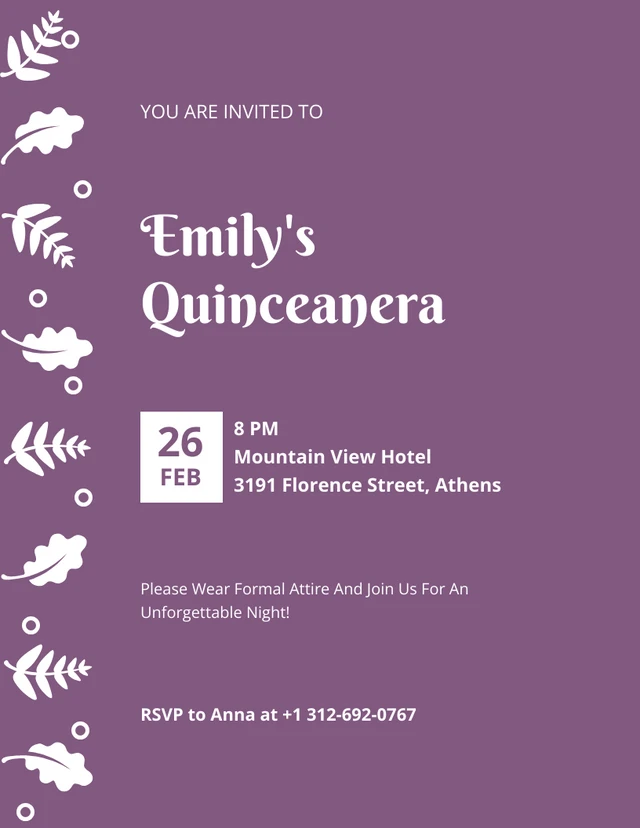 Purple And White Leaves Quinceanera Invitation Template