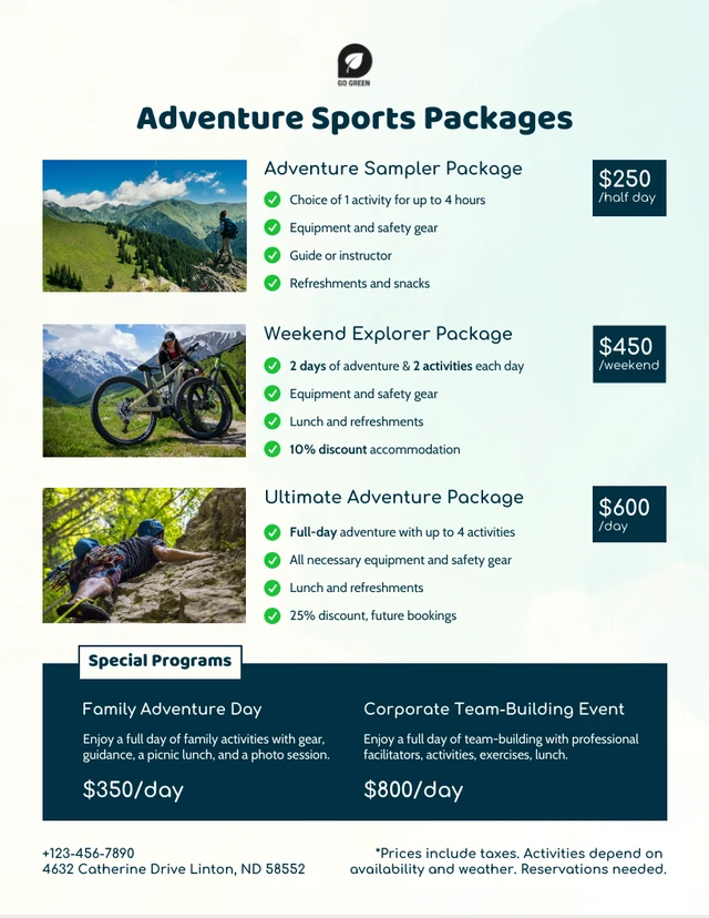 Outdoor Adventure Sports Price List Template