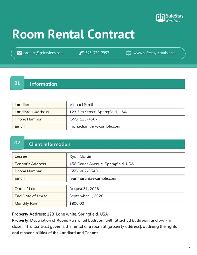 Room Rental Contract Template - Page 1