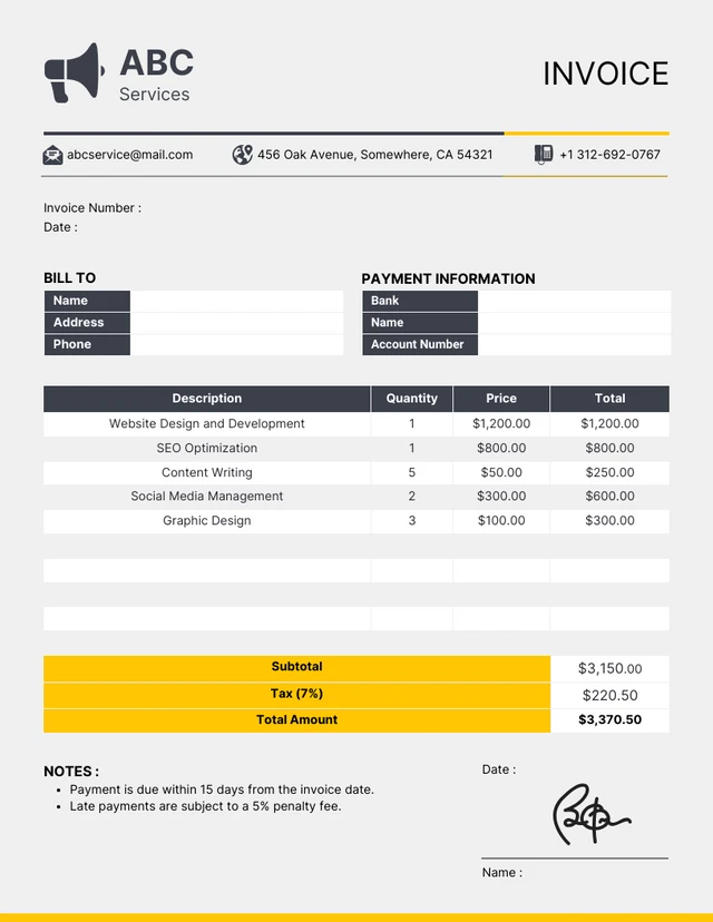 Dark Gray and Yellow Minimalist Service Invoice Template