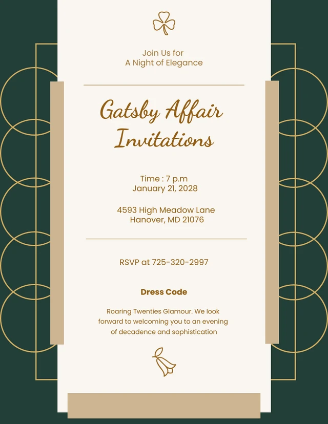 Elegant Green And Yellow Gold Gatsby Invitation Template