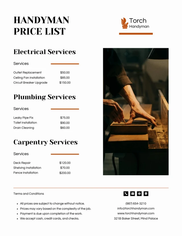 Modern Brown and White Handyman Price Lists Template