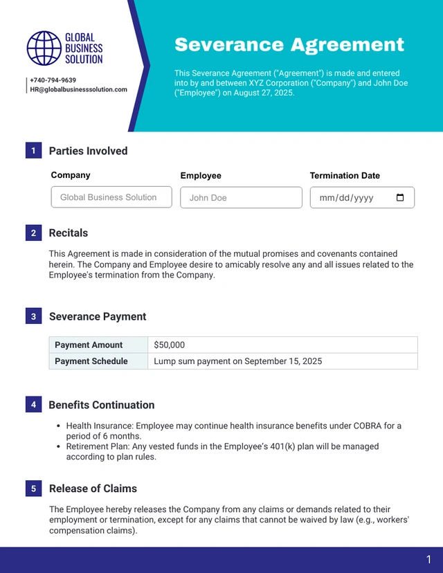 Severance Agreement HR Template - Page 1