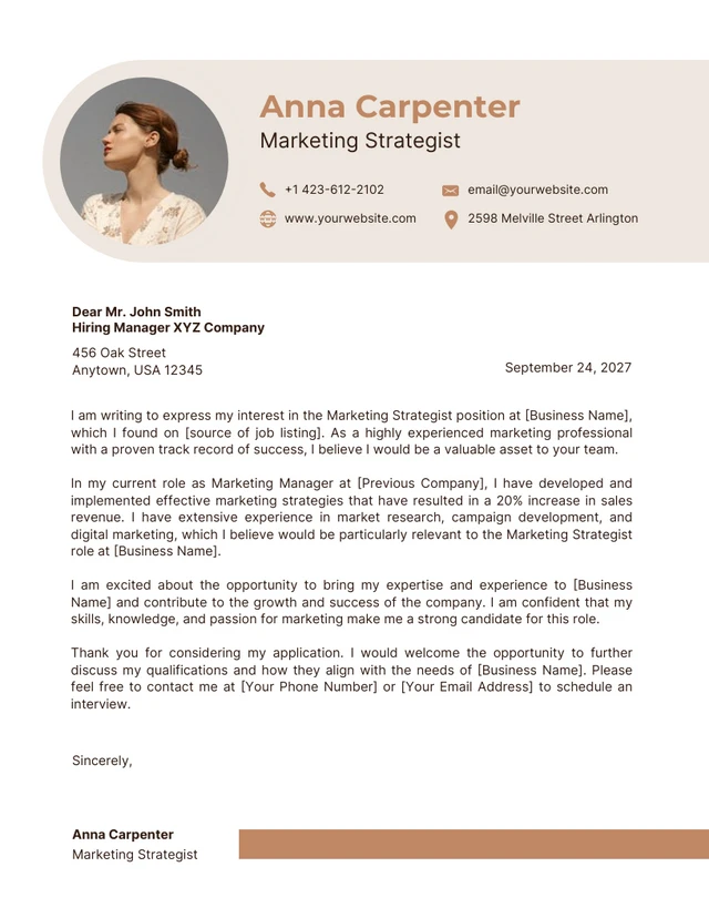 White And Beige Minimalist Marketing Strategist Cover Letter
