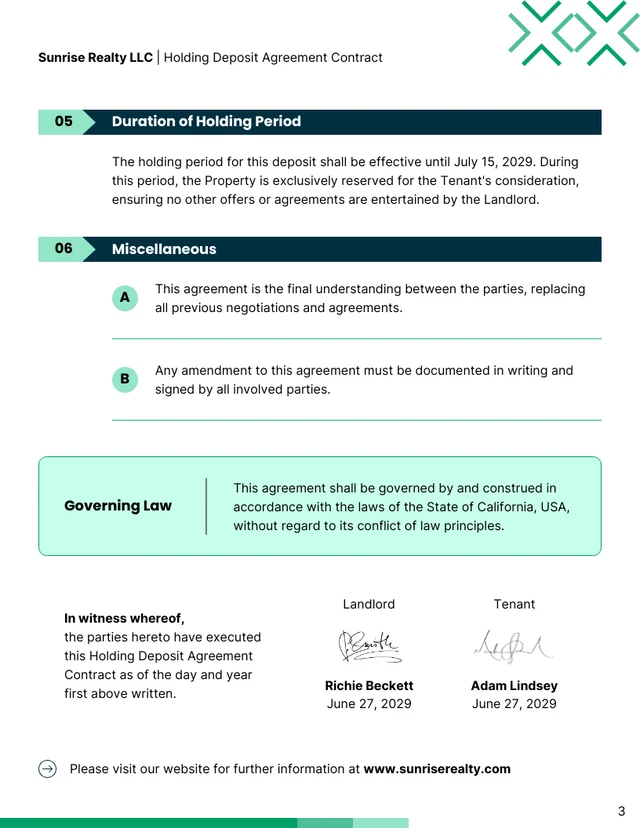 Holding Deposit Agreement Contract Template - Page 3