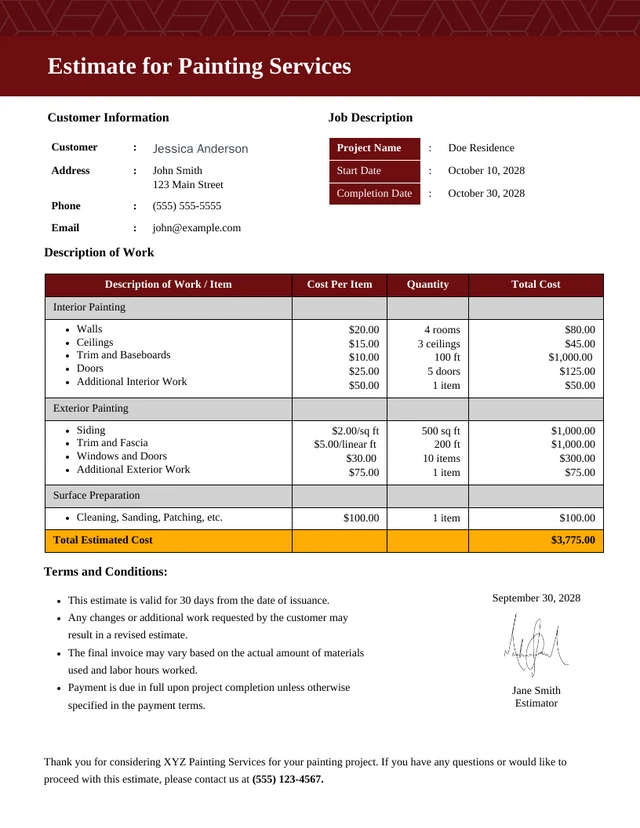 Red and White Modern Simple Painting Estimate Template