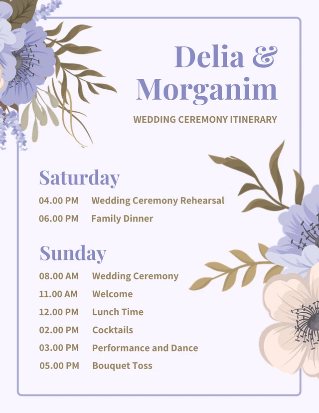 Light Purple Modern Floral Wedding Ceremony Itinerary Template