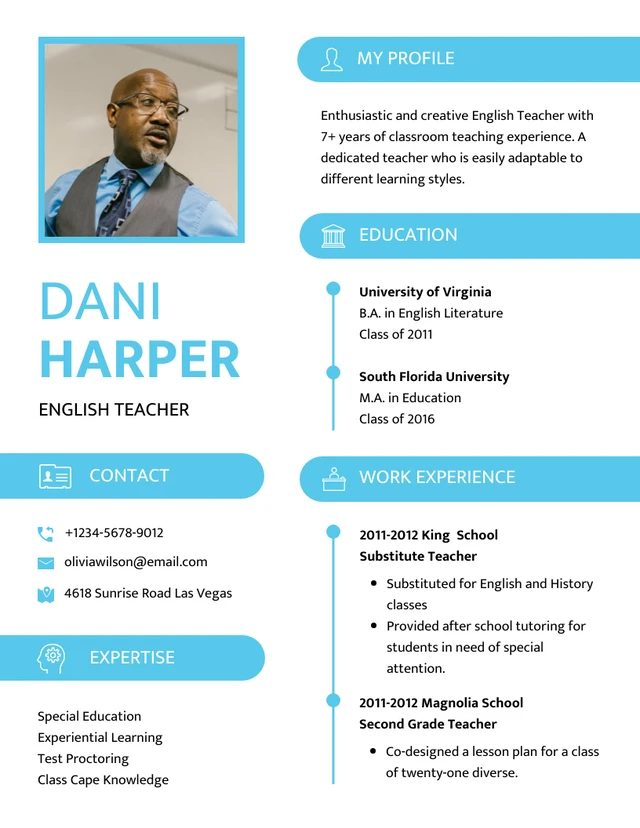 White And Blue Professional Simple English Teacher Resume Template
