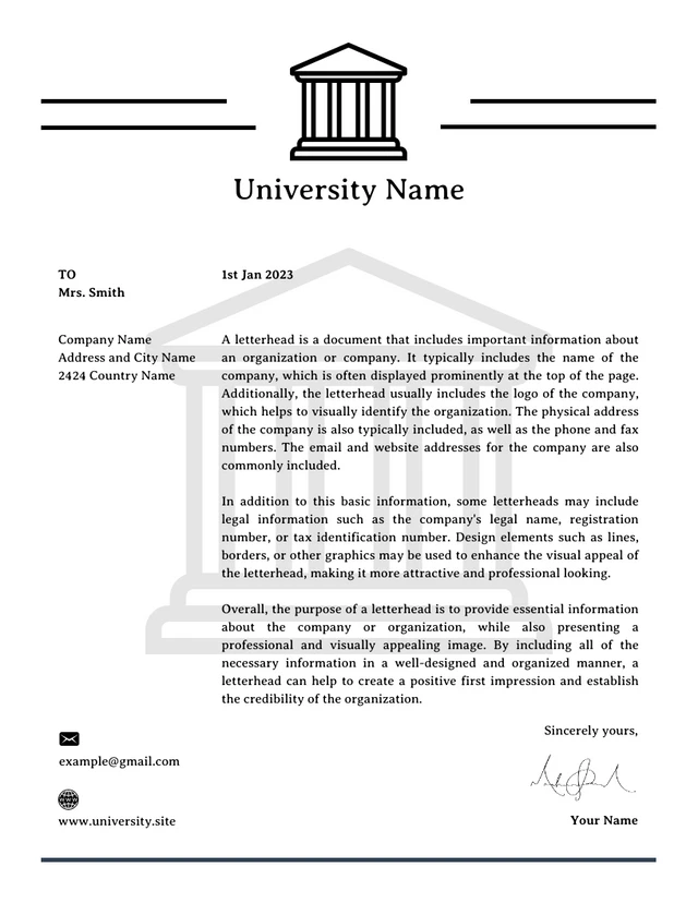 Black And White Minimalist University Letterhead Template
