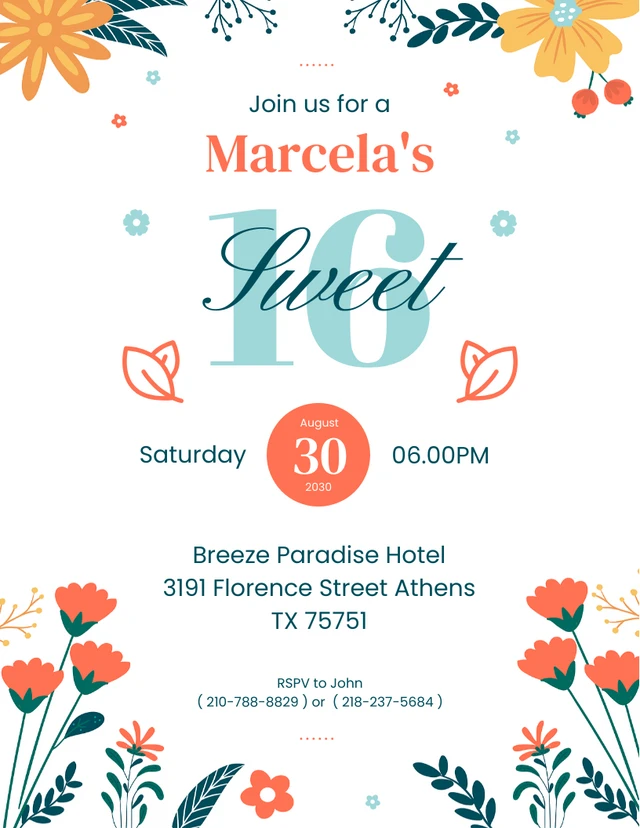 White Playful Illustration Floral Birthday Sweet 16 Invitation Template