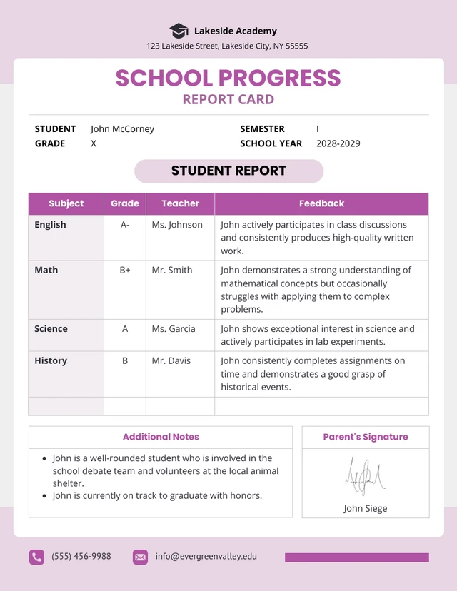 School Progress Report Template