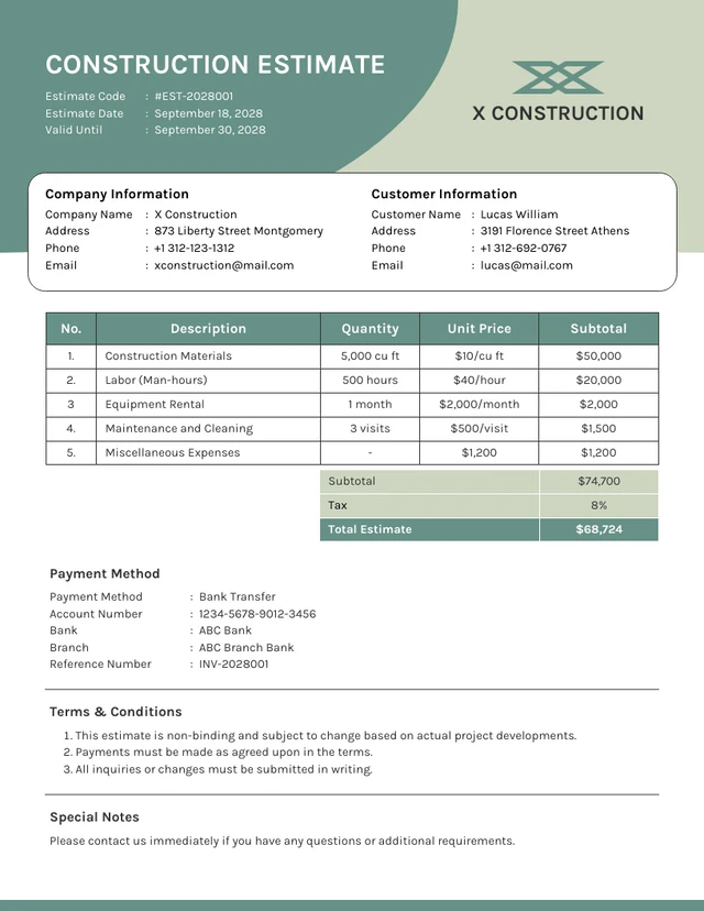 Green Simple Construction Estimate Template