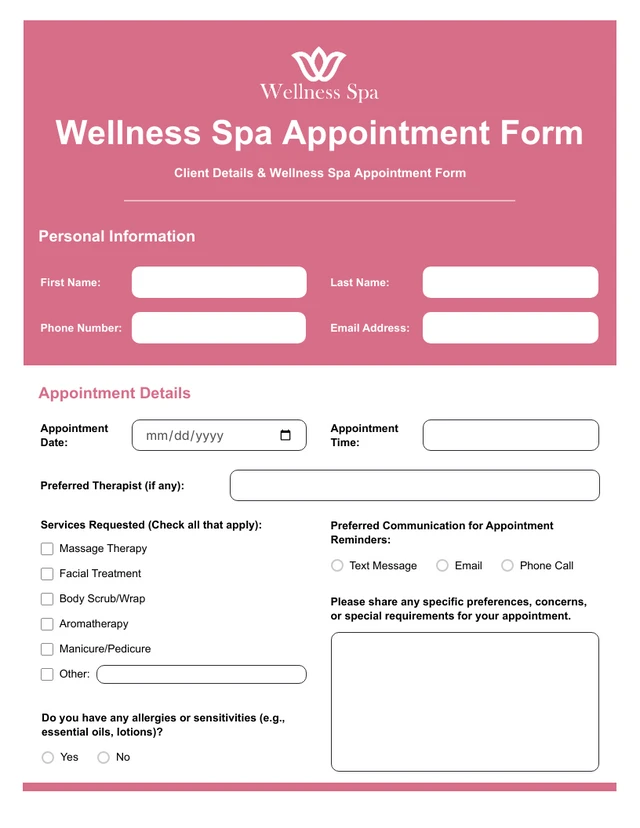 Pink and White Simple Appointment Form Template