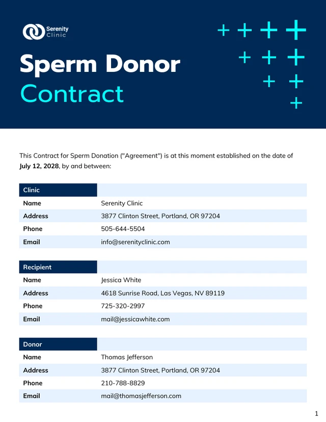 Sperm Donor Contract Template - Page 1