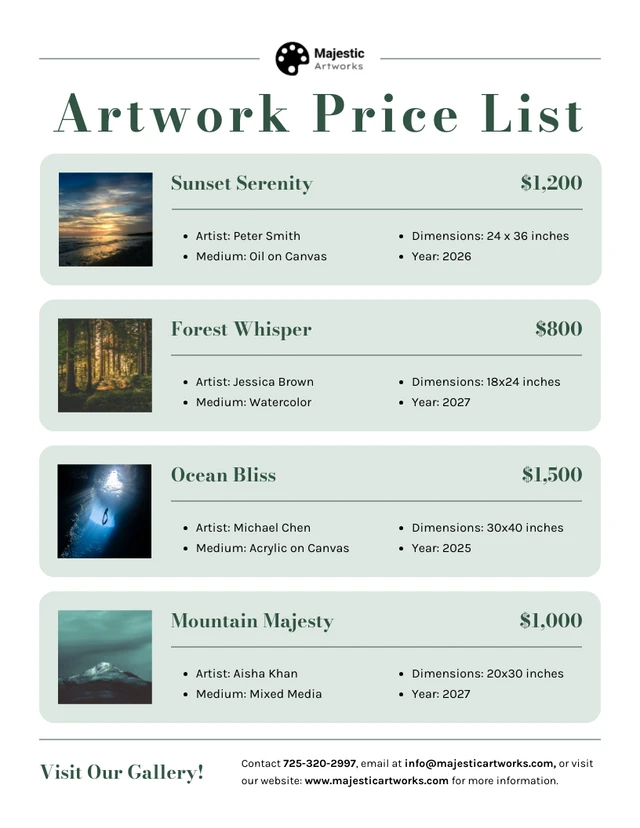 Artwork Price List Template