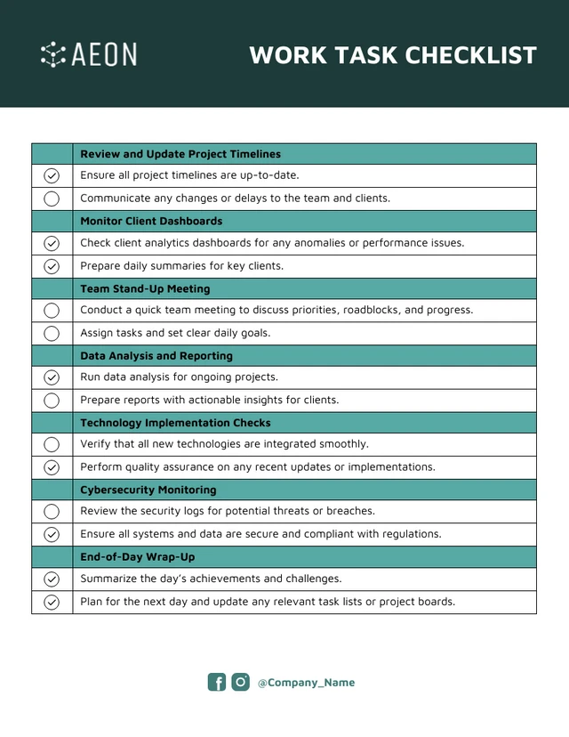 Customizable Company Work Checklist Template