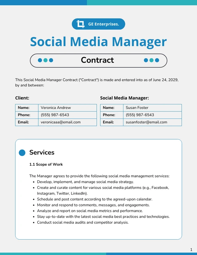 Social Media Manager Contract Template - Page 1