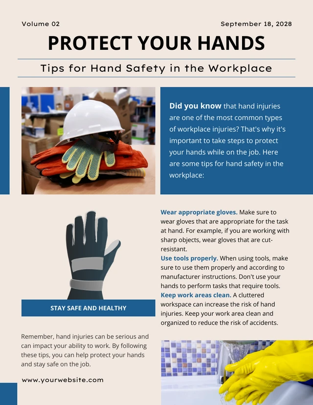 Blue And Beige Simple Newsletter Hand Safety Protect In The Workplace