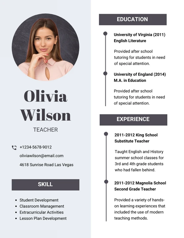 White And Grey Minimalist Elegant Woman Teacher Resume