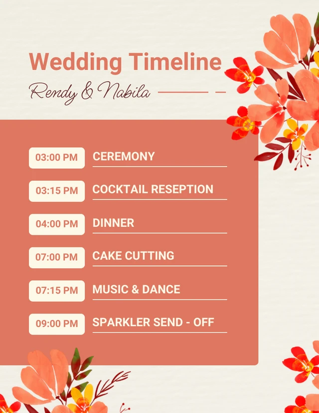 Light Yellow And Orange Modern Floral Wedding Timeline Schedule Template