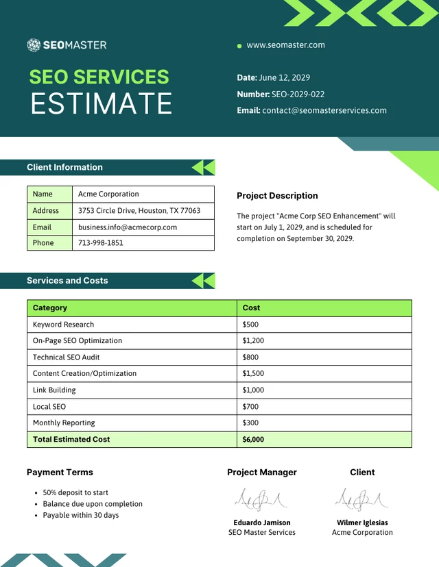 SEO Services Estimate Template