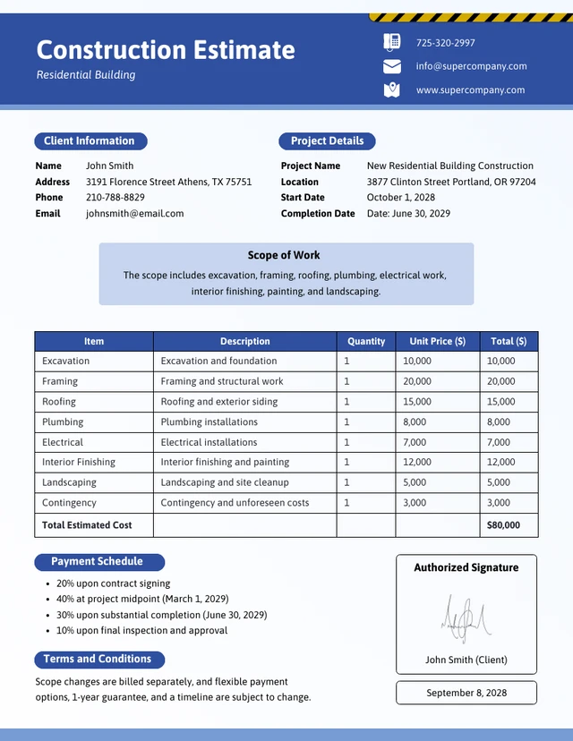 Simple Blue Construction Estimate Template